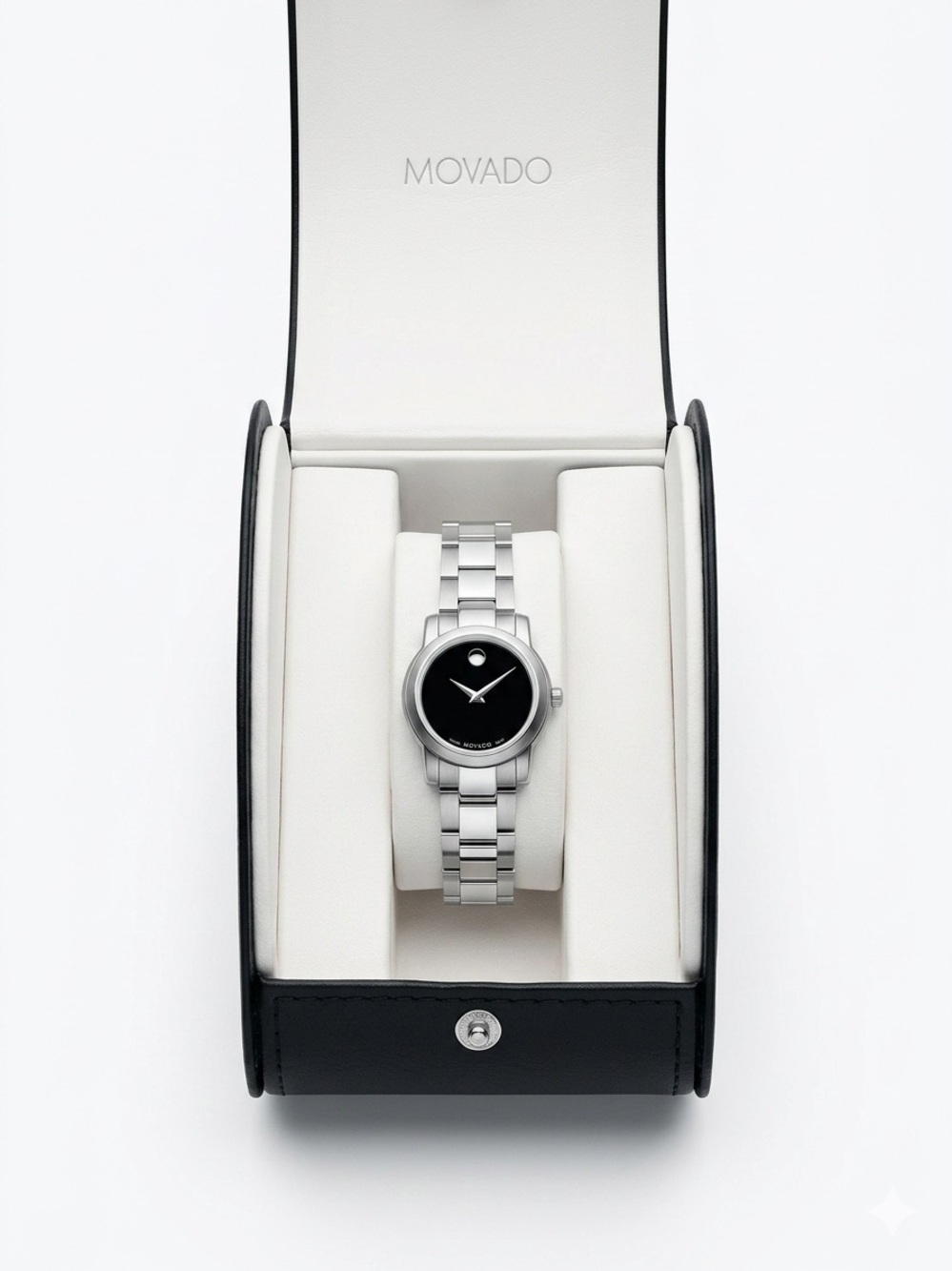 Movado Silver Bracelet Watch with Black Dial